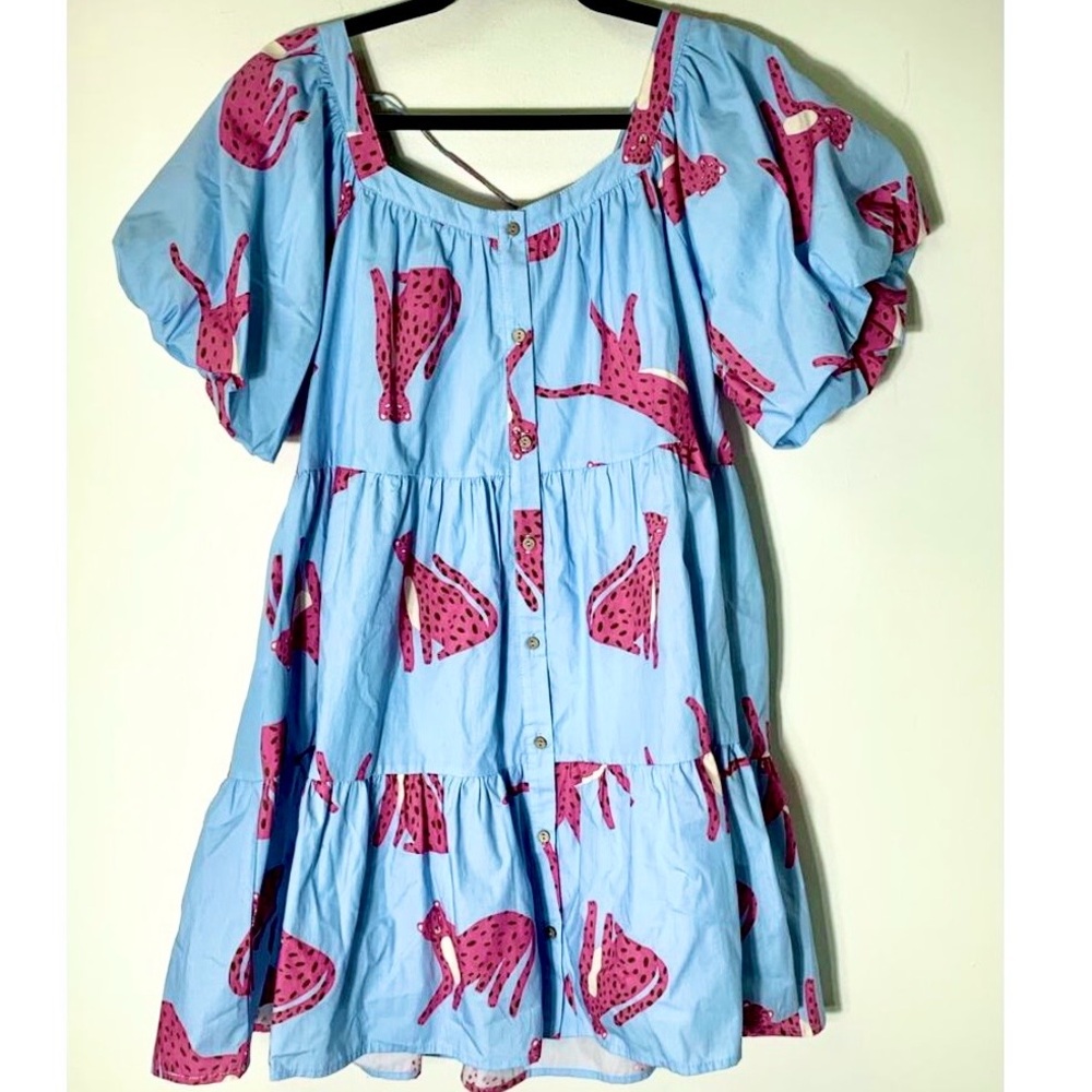 Pink Cheetah on Tiered Periwinkle Puff Sleeve Midi Sun Dress by Peach Love Small